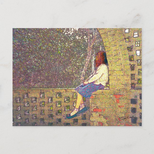 Postal Chica sentado en el día de la pared del jardín (Anverso)