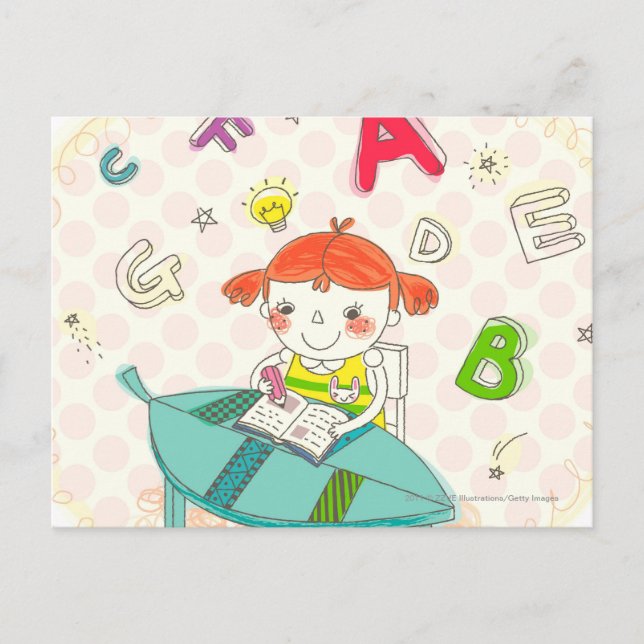 Postal Chica sentado en la silla, estudiando (Anverso)
