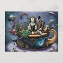 Chica sin rostro surrealista en un barco mágico