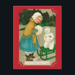 Postal Chica Snowman de Cute Vintage Christmas Greetings<br><div class="desc">¡Envíe saludos navideños felices a su familia y amigos este año con esta preciosa y vintage postal victoriana que presenta un ilustracion retro de un chica,  un trineo y un muñeco de nieve!</div>