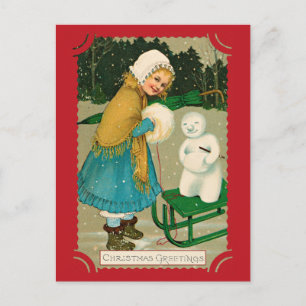 Postal Chica Snowman de Cute Vintage Christmas Greetings