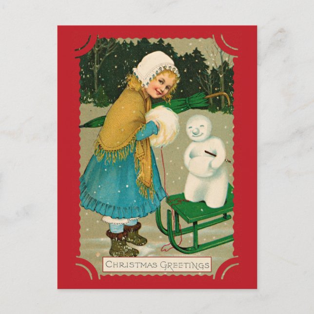 Postal Chica Snowman de Cute Vintage Christmas Greetings (Anverso)