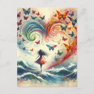 Postal Chica sobre olas del océano con mariposas