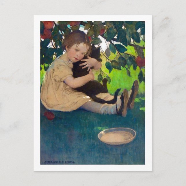 Postal Chica sosteniendo a un gato negro, Jessie Willcox  (Anverso)