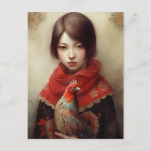 Postal Chica sostiene el arte de la Mascota de pollo con