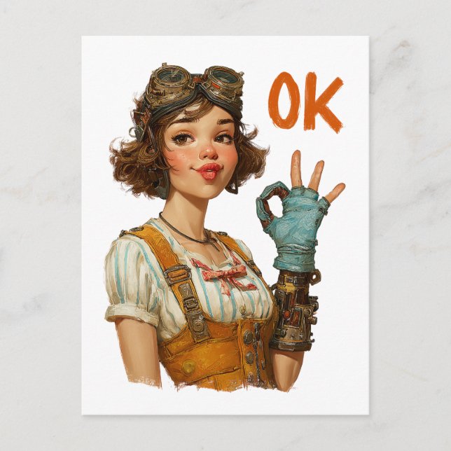 Postal Chica Steampunk Gesto de Acuerdo Confiado (Anverso)