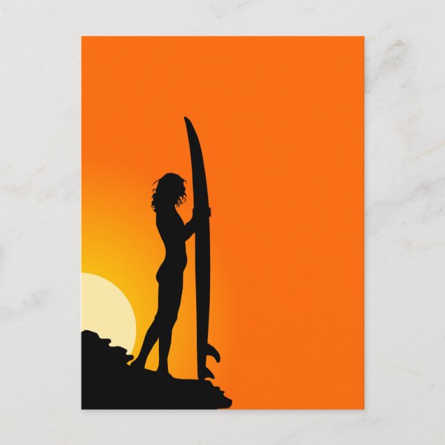 Postal Chica Surfer Sunset con tabla de surf (Anverso)