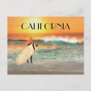 Postal Chica surfista de California Playa Atardecer Tarje