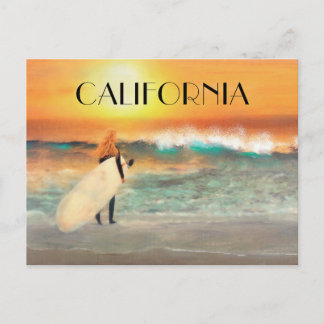 Postal Chica surfista de California Playa Atardecer Tarje