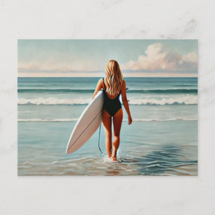 Postal Chica surfista en la playa