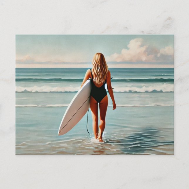 Postal Chica surfista en la playa (Anverso)