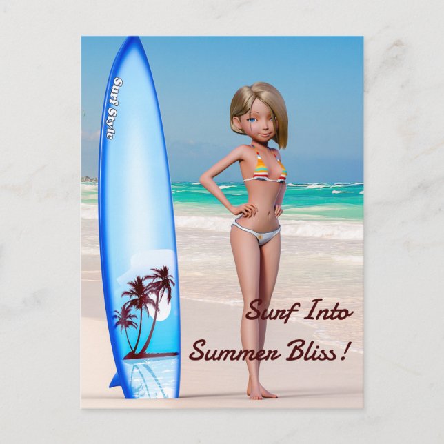 Postal Chica Toon Surfer posando a orillas del mar (Anverso)