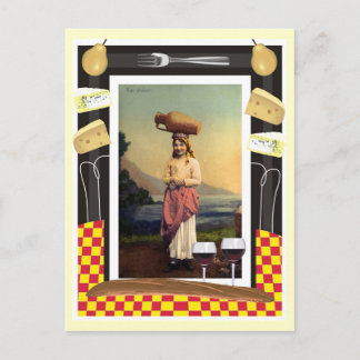 Postal Chica tradicional de Sicilia, vino y queso