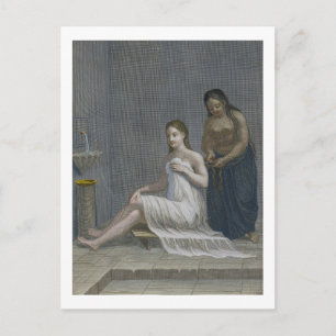 Postal Chica turca, con el pelo trenzado en los baños