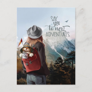 Postal Chica viaja con un gato en una mochila