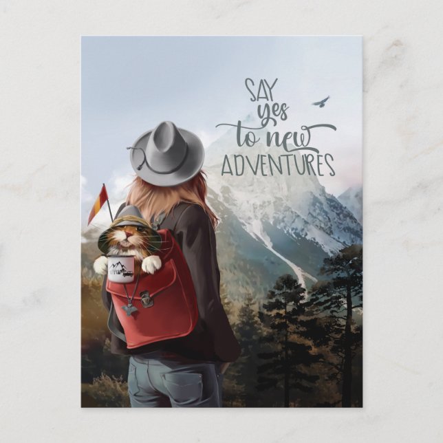 Postal Chica viaja con un gato en una mochila (Anverso)
