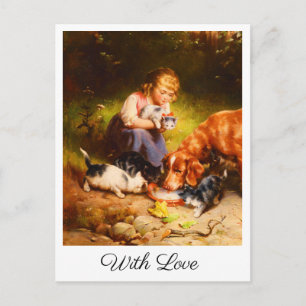 Postal Chica Victoriana con Gatitos y Perro Arte con Amor