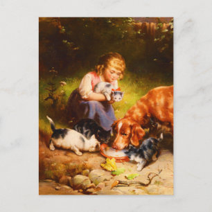 Postal Chica Victoriana con Gatitos y Perro Arte Refinado