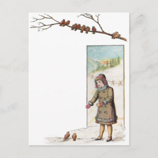 Postal Chica victoriano alimentando aves con nieve