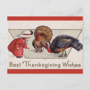 Postal Chica Vintage Alimentando pavos Acción de Gracias