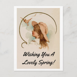 Postal Chica Vintage Con Aves