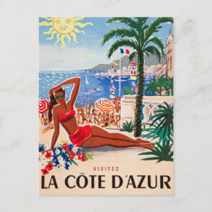 Postal Chica Vintage Cote D'Azur Beach