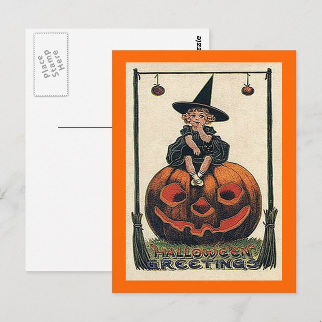 Postal Chica vintage de Halloween en Jack o'Lantern (Anverso / Reverso)