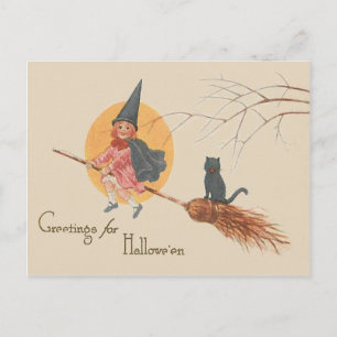 Postal Chica Volando Bruja Gato Negro Luna Llena