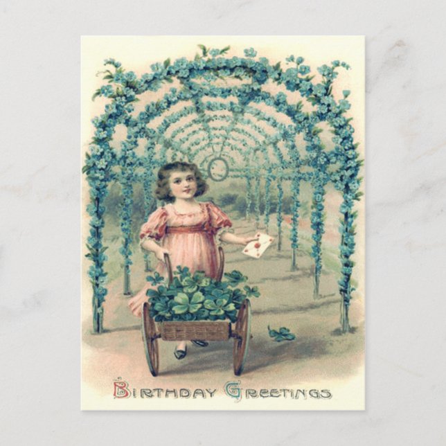 Postal Chica Wheelbarrow Four Leaf Clover Forget-Me-Not (Anverso)