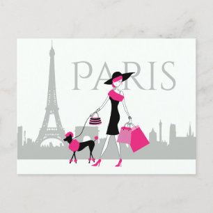 Postal Chica y caniche en París con la Torre Eiffel