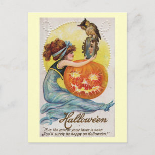 Postal Chica y el espejo cosecha de Halloween