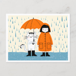 Postal Chica y gato en la lluvia - caprichosos