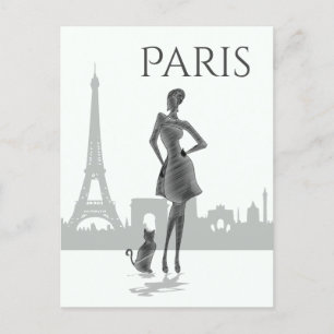 Postal Chica y gato en París con la Torre Eiffel Gris