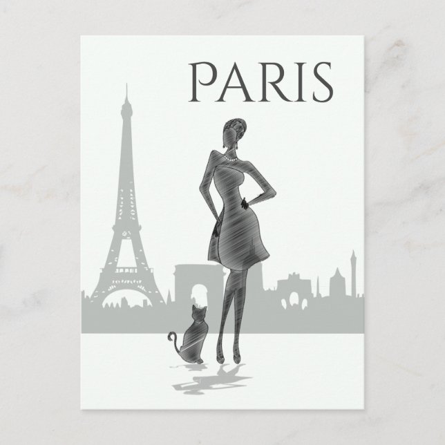 Postal Chica y gato en París con la Torre Eiffel Gris (Anverso)