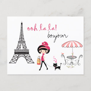 Postal Chica y gato en París en la Torre Eiffel Bonjour