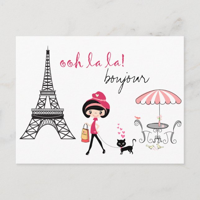Postal Chica y gato en París en la Torre Eiffel Bonjour (Anverso)
