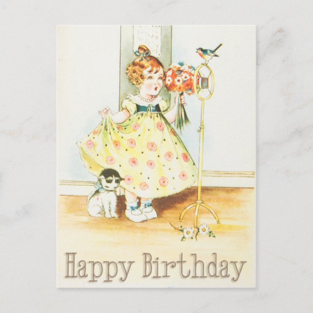 Postal Chica y gato feliz cumpleaños vintage (Anverso)