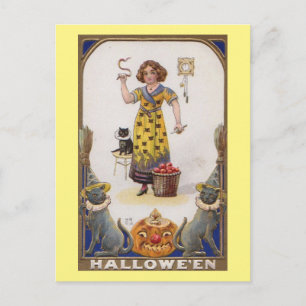 Postal Chica y gatos negros Vintage de Halloween