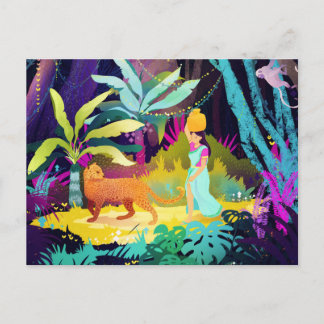 Postal Chica y leopardo en la selva tropical