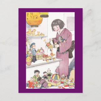 Postal Chica y muñecas japoneses