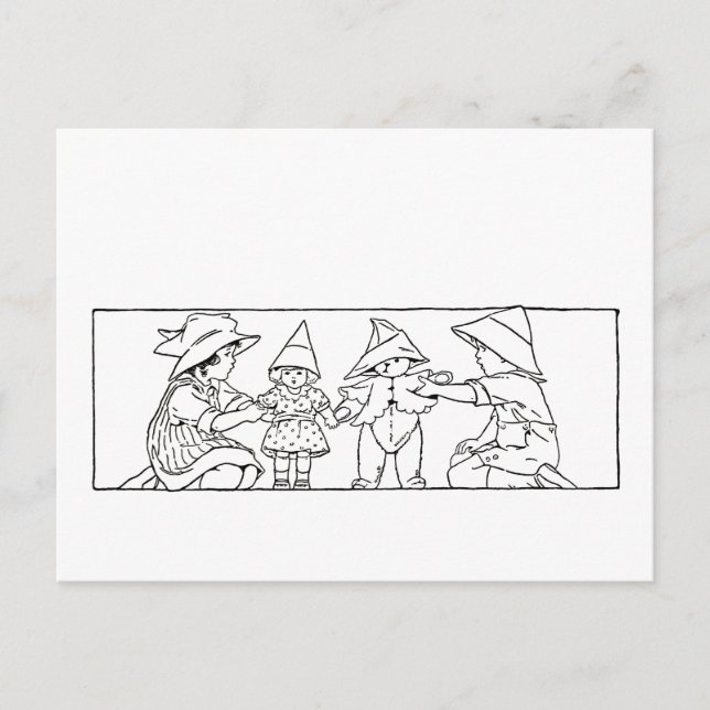 Postal Chica y niño con muñeca y oso arte de cosecha (Anverso)