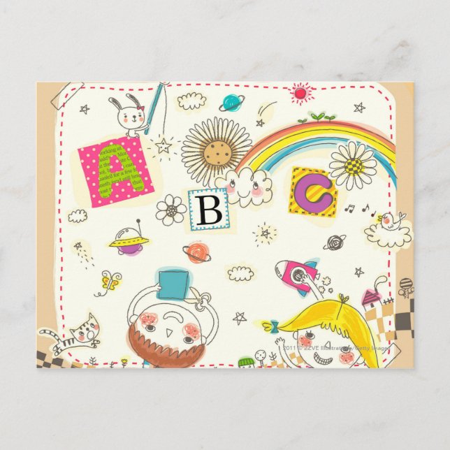 Postal Chica y niño jugando en la pizarra (Anverso)