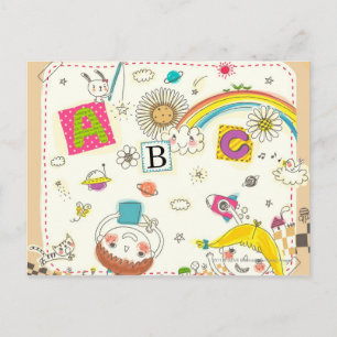 Postal Chica y niño jugando en la pizarra