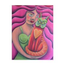 Chica y su gato verde óleo arte