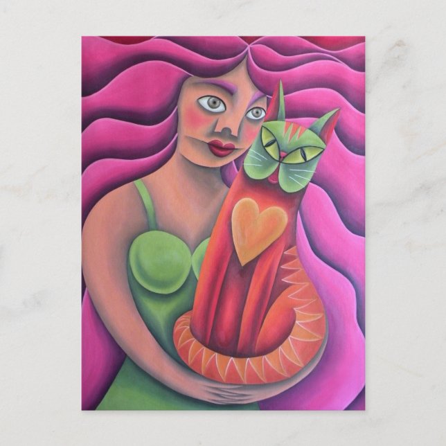 Postal Chica y su gato verde óleo arte (Anverso)