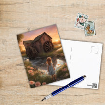 Chica y un molino al atardecer