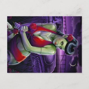 Postal chica zombi amor por el rosa y el coche vintage