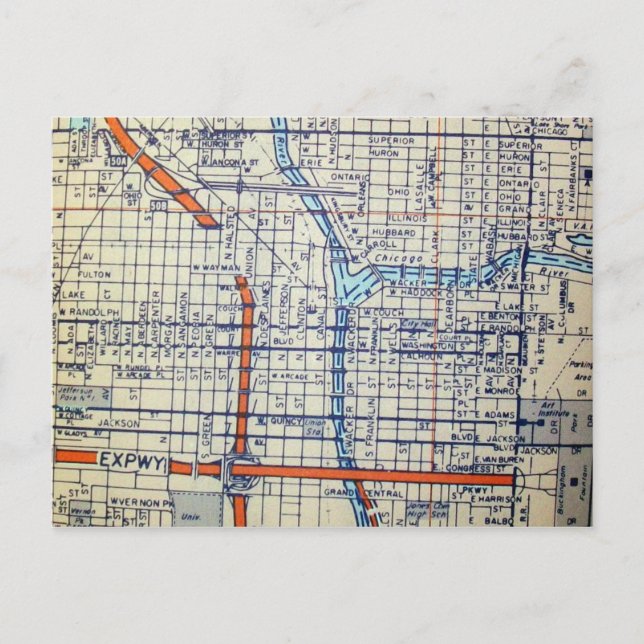 Postal Chicago, IL Mapa de Vintage (Anverso)