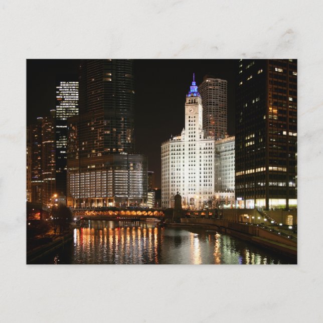 Postal Chicago Illinois Night Skyline Travel Post Card (Anverso)
