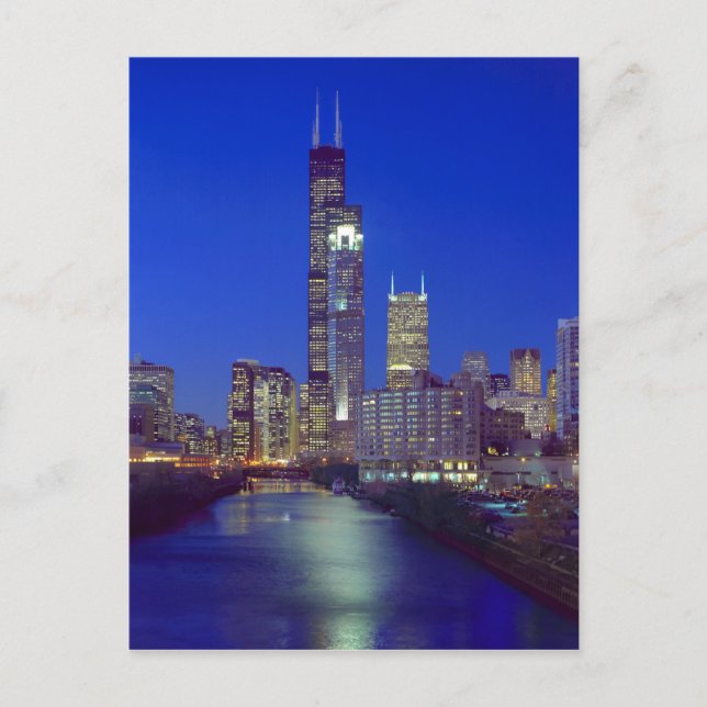 Postal Chicago, Illinois, Skyline de noche con Chicago (Anverso)